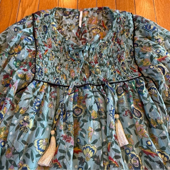 Free People Blue Floral Vibrant Romantic Bohemian Swinging Flowy Dress Sz Small - Picture 2 of 9